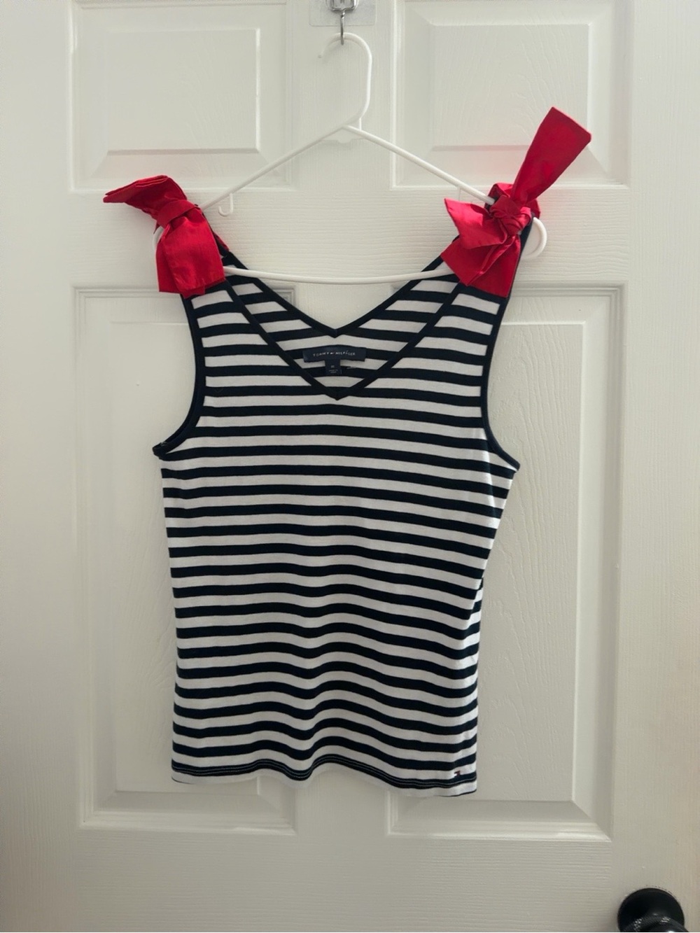 Tommy Hilfiger Black and White Striped Tank with Red Shoulder Bows